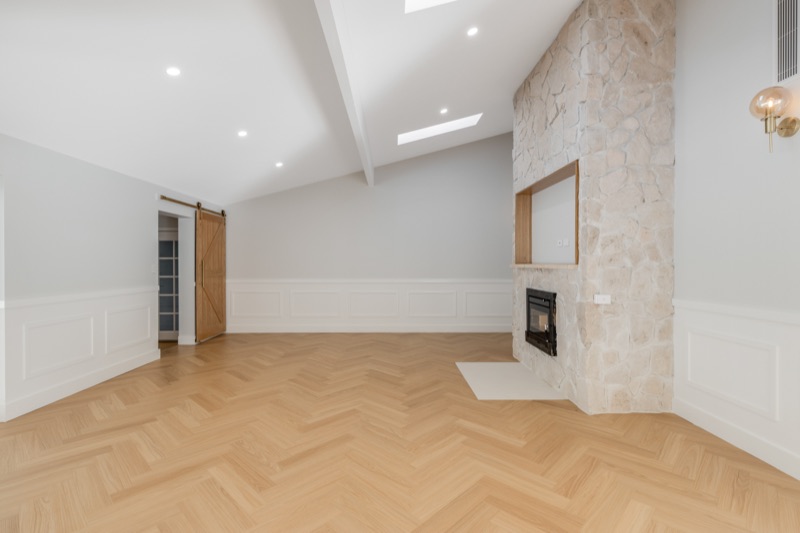 Living room fireplace with stone surround, Glenvale